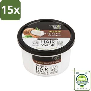15 x Organic Shop - Haarmasker Coconut & Shea - Verzorgend en Voedend - 250 ml - Grootverpakking - Haar Masker - Kokosnoot - Sheaboter - Hydraterend - Voedend