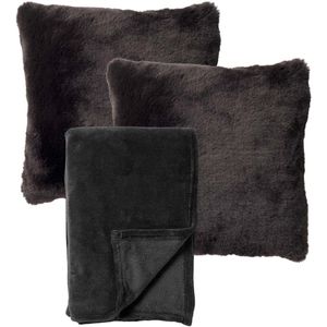 Dutch Decor - VOORDEELSET - 3-delig - Zaya & Harvey - 2 sierkussens 45x45 cm - 1 plaid 150x200 cm - zwart - Met Ritssluiting – Decoratie Kussens - Comfortabele kussentjes voor op de Bank
