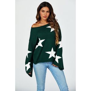 Oversized donkergroene trui met wijde mouwen en witte ster
