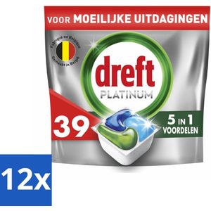 12 x Dreft - Vaatwastabletten - Platinum All-in-One Origineel - Compact formaat - 39 Tabletten - Vaatwastabletten - Vaatwasser Schoonmaken - Hardnekkig Vuil - Vaatwasser Filter - Vaatwasser Hygiënisch