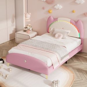 Sweiko Kinderbed, Kussen bed,Wieg met Houten Strips, Massief hout en ijzeren frame, LED strepen, Zacht spons PU leermateriaal, Beige+Roze, 90x200cm, Eenpersoonsbed, Wieg (Zonder matras)