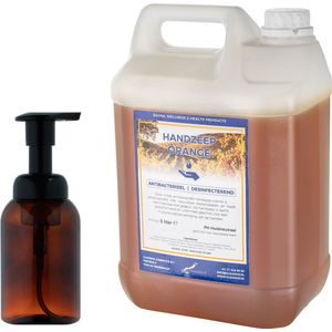 Zeepdispenser 300 ml amber bruin hervulbaar + 5 liter Handzeep Orange navulling