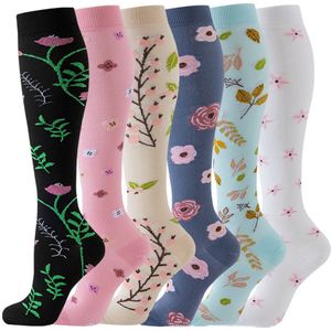 6-Paar Compressiesokken - Sportondersteunende sokken - Hardloopsokken - Steunsokken - Beenvormende sokken - Reissokken - Bloemenmotief - Geschikt voor sportbescherming en dagelijks woon-werkverkeer - Meerkleurig -maat L/XL