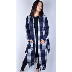 Blauw Grijs Vest Fringe - Maat ML - Dames Vesten - Geblokte Print - Merk Giuliano - Blauw/Grijs