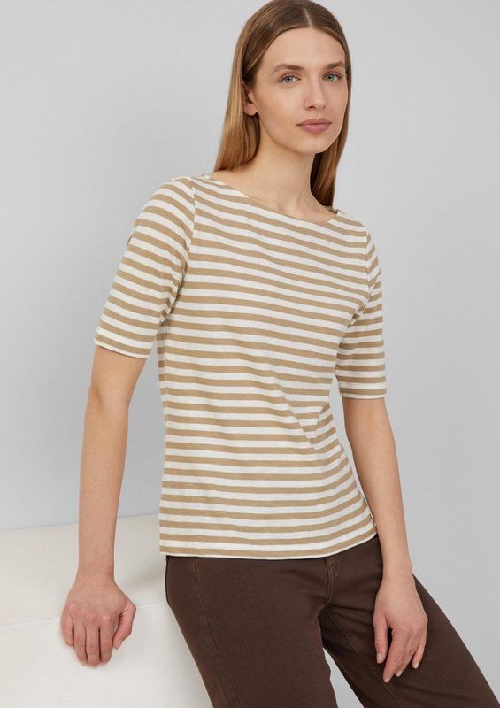 T-shirt - Slim-fit - Gestreept - Zacht Katoen - U-boot Halslijn