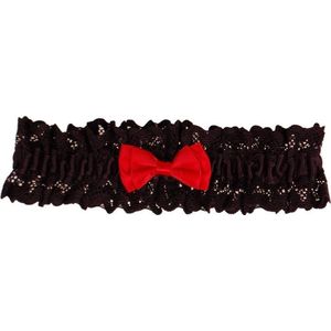Kousenband zwart met kant en rood strikje