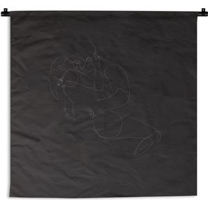 Wandkleed Line-art Koppel - 6 - Illustratie kussend koppel op een zwarte achtergrond Wandkleed katoen 150x150 cm - Wandtapijt met foto