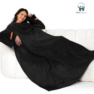 LifeStages - Deken met Mouwen - Deken - Fleecedeken Zacht en Warm met Klittenband - Zwart