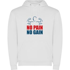 Witte unisex hoodie met “ Kleurrijke No Pain No Pain – Bodybuilden - Sport – Zet Door – Niet opgeven “ Print Full Color Color merk Roly maat S