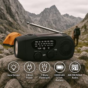 Noodradio - Dynamo Radio - Opwindbare Zaklamp - 2000mAh - Solar Opwindbaar - Emergency Radio - Opwindbare Zaklamp - Zwart