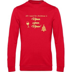 Sweater met opdruk “All I want for christmas is wijnen wijnen wijnen”, Rode sweater met gouden opdruk. Leuk voor Chateau Meiland fans of voor een avondje uit. Lekker foute Kerst trui!