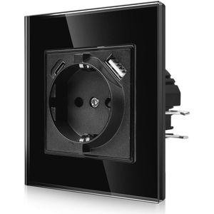 USB Stopcontact met Klauwen - Glazen Schuko Inbouw met USB-A en Type C - Enkel Zwart - Kinderbeveiliging