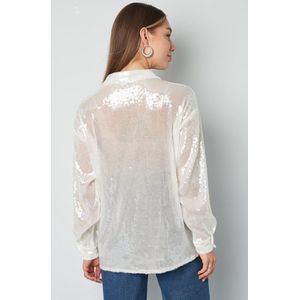 Glitter Blouse Dames – Pailletten – Wit – Lange Mouw – Transparante Feestblouse – Maat S – Glam Chic