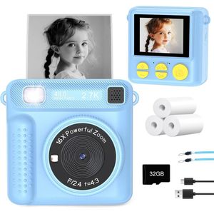 Kinder Printcamera – Blauw – 48MP Fotocamera met 2.4"" Scherm, 16x Zoom & 1080P Video – Directe Zwart-Wit Print, 32GB Kaart, 3 Rollen Fotopapier & USB Oplader – Creatieve Speelgoedcamera voor Jongens en Meisjes