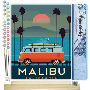 Figured'Art Schilderen op Nummer Volwassenen canvas Reisposter Malibu Californië- Handwerk acrylverf Kit DIY Compleet - 40x50cm met DIY houten lijst