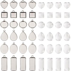 60 stuks lege omlijsting trays met 60 stuks glazen koepel cabochons - Ovale traan hart basis cabochon hangers instellingen voor scrapbooking, cameo, foto sieraden maken