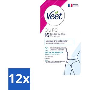 12 x Veet Ontharingsstrips Bikinilijn Pure Gevoelige Huid 16 stuks per verpakking - Veet Ontharingsstrips - Bikinilijn Ontharen - Gevoelige Huid - Ontharingsstrips Bikinilijn - Langdurige Gladheid