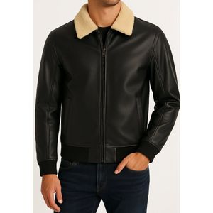 The Commendent Leren Pilot jas Heren – Echt Lamsleer – Zwart – Aviator Jacket met Afneembare Schapenwollen Kraag & Binnenzakken