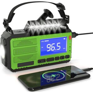 Noodradio 10.000 mAh – Solar/Zonnepaneel, Dynamo/Handzwengel & USB – AM/FM Radio, LED Zaklamp, SOS Alarm & Powerbank – Waterdicht Groen