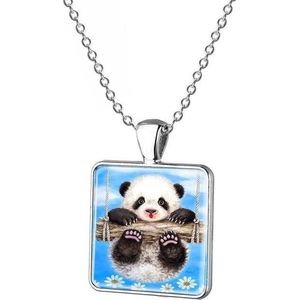 Fako Bijoux® - Ketting - Cabochon - Vierkant - Panda - Blauw