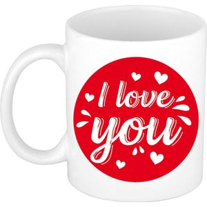 I love you cadeau koffiemok / theebeker wit cirkel met hartjes - 300 ml - keramiek - Valentijnsdag / Valentijn cadeau