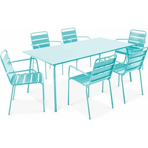 Oviala - Tuinset met tafel en 6 fauteuils van turquoise metaal
