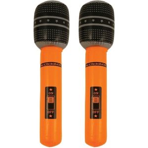 Set van 2x stuks opblaasbare microfoon neon oranje 40 cm - Speelgoed microfoon - Popster verkleed accessoire - Feestartikelen
