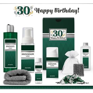 Geschenkset “30 Jaar Happy Birthday!” - 7 producten - 850 gram | Giftset voor hem - Luxe wellness cadeaubox - Cadeau man Verjaardag - Dertig jaar - Gefeliciteerd - Gift Thirty year old Party - Cadeaupakket Deluxe - Vriend - Verjaardagscadeau - Groen