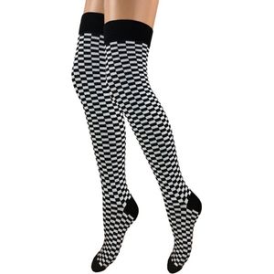 Overknee kousen - Grafisch - Geruit - Zwart/Wit - One Size