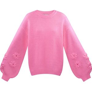 Lovely floral touch trui - nieuwe collectie - herfst/winter - gebreid - bloemen - pofmouwen - dames - fuchsia - maat L/XL