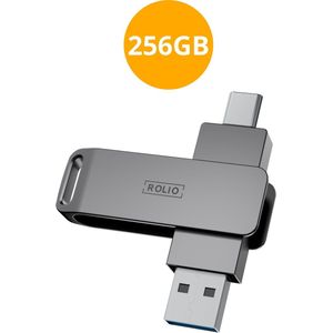 Rolio USB Stick 256 GB - USB C en USB A - 800Mbps - USB 3.0 - USB-C Stick - Plug & Play - Universeel - Geschikt voor alle Laptops / Smartphones / Tablets