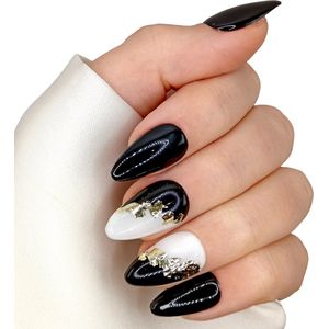 SD Press on Nails - No. 114 Shadows - Plaknagels - Set 20 handgemaakte Plaknagels - Zwart - Milky - Gold - Handgemaakt - Nepnagels - Kort Stiletto - Nagelstudio - Gellak - Plaknagels met lijm - Nail art - Accessoires Feestdagen - Cadeau voor haar