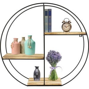 MaxxHome Wandrek rond - Deco - Industrieel - Metaal en MDF hout - 3 planken - Zwart metalen rek