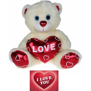 Pluche knuffelbeer 90 cm met wit/rood Valentijn Love hartje incl. hartjes wenskaart