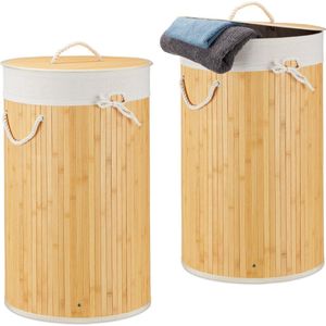 Relaxdays 2x wasmand bamboe - wasbox met deksel - 70 liter - rond - 65 x 41 cm - crème