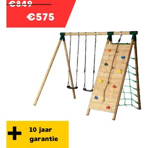 Hörby Bruk® Dubbele Schommel - Inclusief klimwand - Inclusief Klimnet, 2 schommelzitjes en 4 grondankers - Houten Schommel - Speeltoestel buiten - Buitenspeelgoed - LxBxH 295 x 295 x 200 cm - 10 jaar garantie - 100% FSC hout