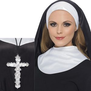 2x stuks nonnen carnaval verkleed setje van hoofdkap kraag en zilveren kruis aan ketting - Verkleedkleding