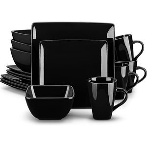serie SOHO, porseleinen vierkante dinerset, zwart, 16 stuks, keukenservies, eetservies, keramische serviesset met dinerborden, dessertborden, kommen en mokken, servies voor 4