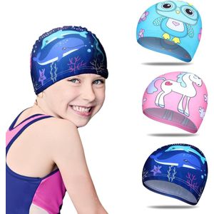 Pack of 3 Waterproof Silicone Swimming Caps - Summer Swimming Pool Ecological Cap for Children 2-12 Years