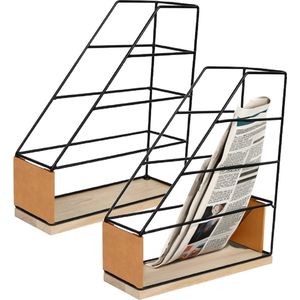 Modern Spirit Lectuurbak/documenten opbergbak - 2x - zwart/beige - metaal/hout - L9 x B25 x H29 cm - Kantoorbenodigdheden - Bureau-accessoires