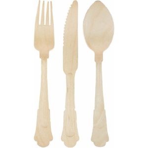 Houten bestek set in klassieke stijl 120x stuks- 40x sets - Verjaardag/bbq - Wegwerp bestek lepels/messen/vorken