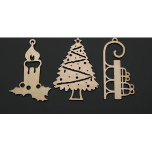 Kersthanger set Kerstdagen: Kaars, Kerstboom, Slee - uniek houten ontwerp - set van 3 - Lila Designs - GRATIS VERZENDING!