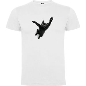Wit T-Shirt met “De springende Zwarte Kat - Humor“ Print Full Color Maat S