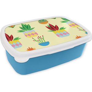 Broodtrommel Blauw - Lunchbox - Brooddoos - Planten - Bloempot - Patronen - Regenboog - 18x12x6 cm - Kinderen - Jongen