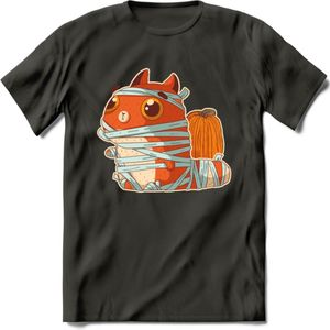 Mummy kat T-Shirt Grappig | Dieren katten halloween Kleding Kado Heren / Dames | Animal Skateboard Cadeau shirt - Donker Grijs - M