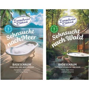 Badzout Combi - Set van 2 - Verlangen naar Zee & Bos | 2x 60g - Frangipani, kokosnoot en ylang-ylang & Zwitserse pijnbomen, cederhout en balsemspar | Dresdner Essenz Badzout - Vegan