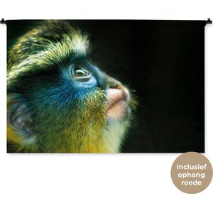 Wandkleed Dieren - Close-up van een aap op een zwarte achtergrond Wandkleed katoen 150x100 cm - Wandtapijt met foto