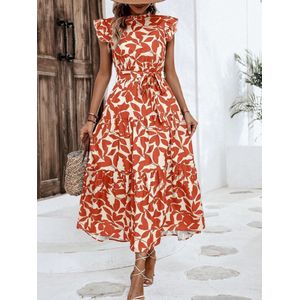 Dames casual bloemenprint, riem, hoge taille, A-lijn gelaagde jurk met ruches, lange maxi-jurk met kapmouwen
