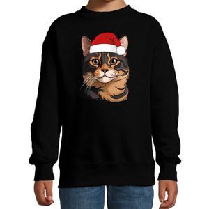 Bellatio Decorations Kersttrui / sweater kat/poes - kinderen - bruine kat/poes - zwart - kerstmuts - Kerstmis 98/104