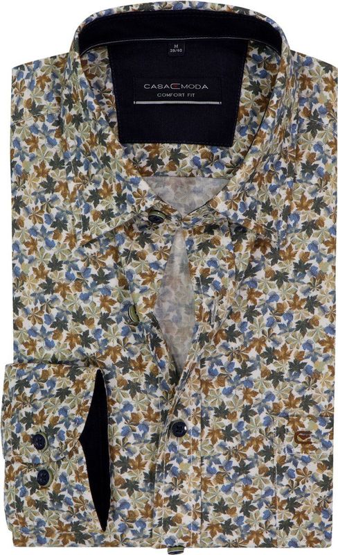 CASA MODA - Sport Comfort Fit - Overhemd - Wit met Bruin en Groen Bladeren Dessin - Strijkvriendelijk